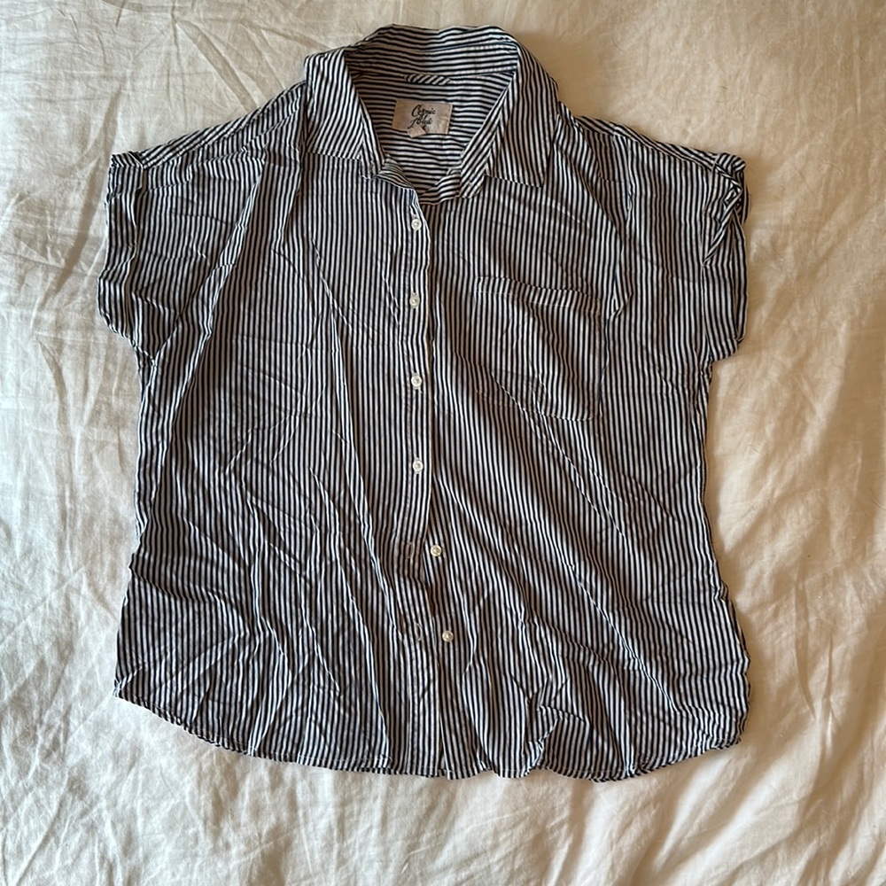 Cosmic Blue Love Navy and white Pinstripe Button Down Shirt short sleeve Large